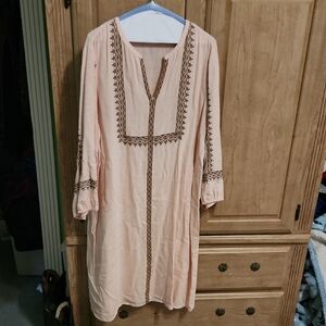 Peach Tunic Dress with Brown Embroidery